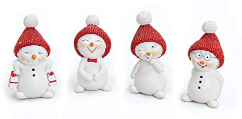 TEMPELWELT 4X Deko Figur Schneemann Im Set Je 5 cm Klein, Polystein Weiß Rot, Dekofigur Kranzdeko Winterdeko Weihnachten Schneemänner Winterfiguren