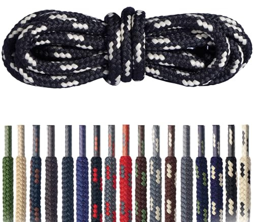 Mountval – Skosnören för Vandring och Trekking – Runda Slitstarka Polyester Snören – Rivtåliga (9110 - svart med beige | 120 cm - 6 till 8 par öljetter)