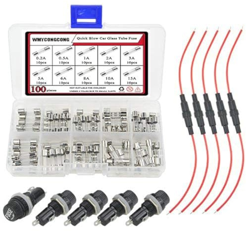 WMYCONGCONG 5 PCS 5x20mm Sicherungshalter Inline-Schraubentyp + 100 PCS Sortiment an Schnellblassicherungen + 5 PCS 5x20mm Sicherungshalter für Schalttafelmontage