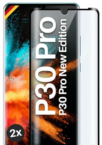 moex Full Screen Protective Glass Compatible with Huawei P30 Pro/P30 Pro New Ed - Screen Protector Rimless, Full Screen, Curved 3D Protective Glass Film, Clear, 2 x Black