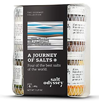 Salt Odyssey Set de Sales del Mundo – 4 x 80 g | Sal marina ahumada | Fleur de Sel | Sal marina con cúrcuma, mostaza, curry & zumaque | Sal marina con orégano, sésamo, tomillo & hierbabuena