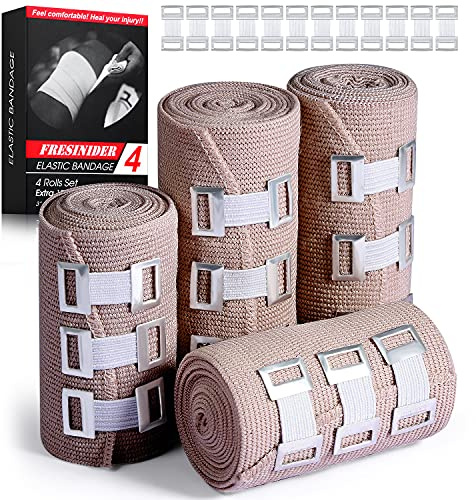 FRESINIDER Elastic Bandage Wrap 4 Pack(2 X 3 + 2 X 4 Wide Rolls) + 24 Clips | Stretch Compression Bandage Stretches up to 15ft | Ideal for Medical, Sports, Sprains, Calf, Ankle & Foot