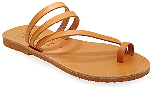 40 Beige Emmanuela Zehenring sandalen im griechischen Stil, hochwertige handgefertigte flache Riemchensandalen aus Leder, Sommerschuhe für Damen, Boho Chic Slider Sandalen