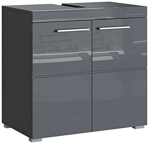 Newroom Waschbeckenunterschrank Grau Hochglanz mit viel Stauraum - 60x56x34 cm (BxHxT) - Badezimmer Unterschrank Badezimmerschrank Badezimmermöbel Badunterschrank - [Trinity.Seven]