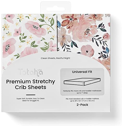 TotAha Premium Stretchy Crib Sheets (2-Pack)-Hypoallergenic, Silky Comfort, Buttery Soft, Calming Effect, All-Season Jersey-Knit Sheets, 9'' Extra Deep Pocket(Meredith Allover Floral & Pale Pink)