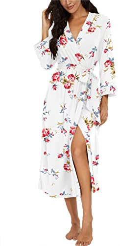 PrinStory Vestaglia Donna Lungo,Manica A 3/4 Scollo A V Accappatoio E Kimono,Comodo E Leggero Accappatoio Regali per Donne (Fiore Bianco., L)