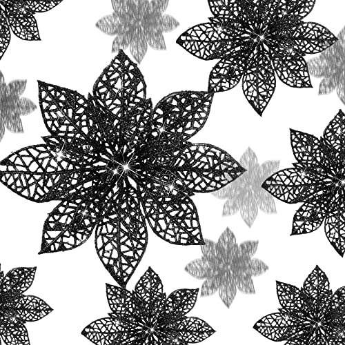 Boao Svart 24 delar julstjärna blomma julglitter konstgjord julstjärna med klämmor julgransprydnad dekorationer för gör-det-själv julkrans högtid hem festdekor, 9,5 cm