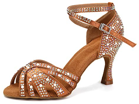 TINRYMX Damen Latin Tanzschuhe offene Zehe Strass Salsa Bachata soziale Tango Cha-Cha Hochzeit Party Sandalen,Modello-L506-7.5