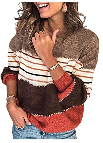 HEYPORK Damen Herbst Winter Warm Bequem Pullover Casual Mode Strickjacke Strickpullover Frauen Persönlichkeit Colorblock Rundhals Dicker Lockerer Strickpullover Pullover(Rot, L)