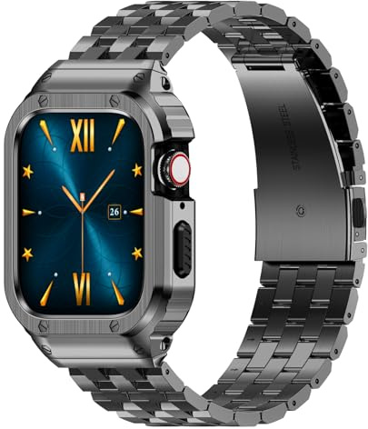 Amznew Bracelets Apple Watch compatibles avec iWatch Series 8/7 (45 mm), bracelets iWatch en métal et coque de protection pour homme, Gris spatial