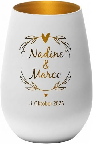 4you Design Windlicht zur Hochzeit personalisiert, Motiv Kranz 2 Namen, Datum graviert (Metall-Weiß-Gold), Hochzeitsgeschenk für das Brautpaar, Teelichthalter zur Trauung, Jahrestag, Jubiläum