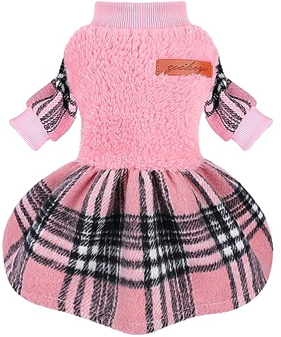 Dog Sweater Dress Plaid Fleece Dog Sweaters for Small Dogs Girl Female Warm Winter Clothes Girl XXS Outfit Apparel Clothes (Pink, XS for 3.5-5.5lb)