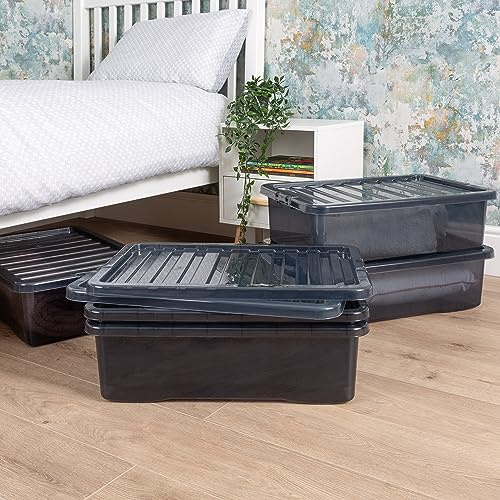 Wham Crystal 5 x 32L Stackable Plastic Storage Boxes with Lids | Ideal for Home, Office, Toys & More | Medium Boxes | Made in UK - Smoke