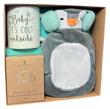 Geschenkset für heiße Schokolade mit Becher, Mini-Wärmflasche – kleine Wärmflasche für Kinder mit Pinguin-Bezug, Beutel mit heißer Schokolade und Becher mit heißer Schokolade für Kinder (Pengiun)