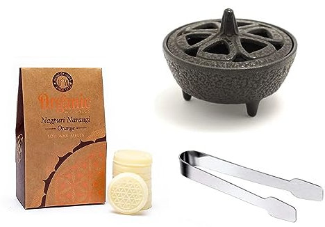 Cast Iron Wax Melter Kit with Scented Wax Melts and Stainless Steel Tongs for Stoves and Log Burners (Orange)