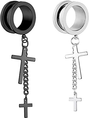 Bishilin Tunnel 6-25MM Set, Ohr Plugs Edelstahl mit Anhänger Kreuz Schraubverschluss Piercing Tunnel Ohr Expander Silber Schwarz