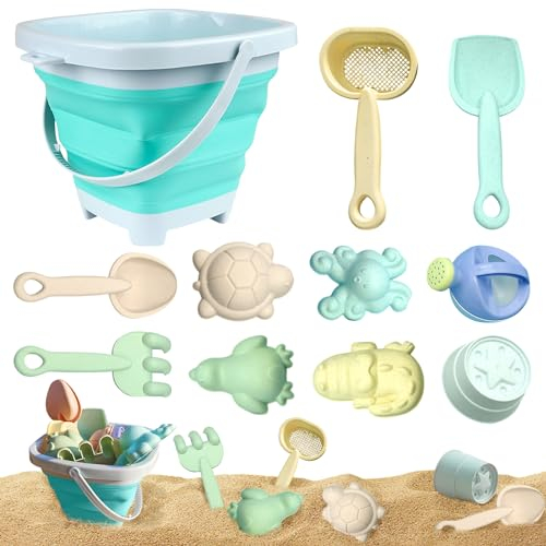 ACAREY Sandspielzeug Strandspielzeug für Kinder, 11pcs Sandspielzeug Set Sandkasten Spielzeug mit Faltbarer Eimer, Schaufel, Sandharke, Sandförmchen, Gartenspielzeug Kinder ab 1 2 3 4 Jahre (Blau)