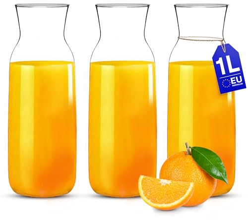 KONZEPT Juego de 3 jarras de agua sin tapa, jarra de cristal de 1 litro, ideal para agua, zumo, vino, limonada, coctails y leche