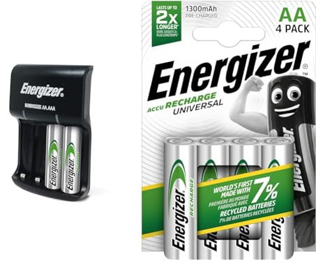 Energizer Recharge Battery Charger, for AA & AAA Batteries (2x AA Rechargeable Batteries Included)