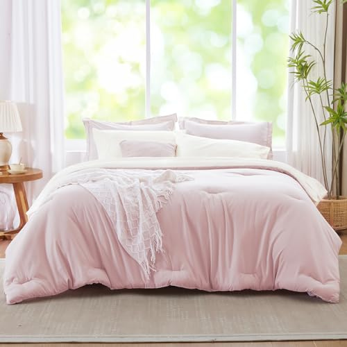 Kozyhvn Juego de edredón rosa, juego de ropa de cama reversible tamaño Queen, 7 piezas suave en una bolsa con edredón, sábanas, fundas de almohada y fundas, juego de cama bohemio para todas las