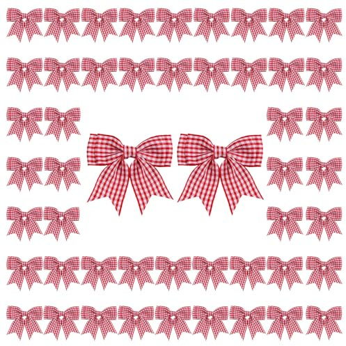 WANDIC 50 Stück rot-weiß karierte Satinband-Schleifen, große dekorative Polyester-Schleife, vorgebunden, vorgefertigte Schleifen für Leckerli-Tüten, Hochzeitsgeschenke, Dekoration, Geschenkverpackung,