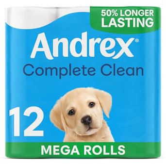 Andrex Complete Clean 12 Mega Toilet Rolls= 18 Standard Toilet Rolls, 50% Longer Lasting Paper with unique 3D Wave Texture for a Proven, Effective Clean, FSC Certified