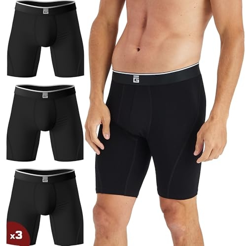 Giovici Mens Long Leg Boxers Bamboo Viscose Anti Chafing Ultra Cooling Underwear with or without Fly Sweat-Wicking Underpants (L, 3PK, Black Long)
