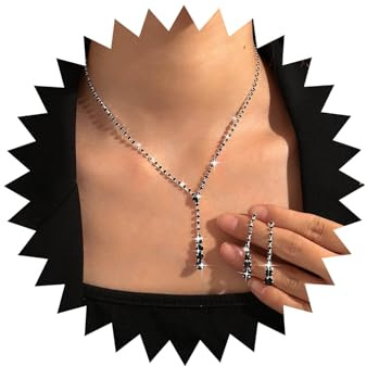 TseenYi Conjunto de collar y pendientes de cristal para boda, collar de lazo diamantes de imitación negros,pendientes colgantes borlas circonita cúbica, conjuntos de disfraces de graduación nupcial