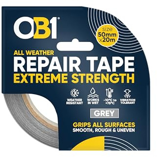 OB1 Ruban adhésif de réparation pour toutes saisons - Résistant à la chaleur, à l'eau et aux UV - Utilisation intérieure et extérieure - Rouleau de 50 mm x 20 m - Gris