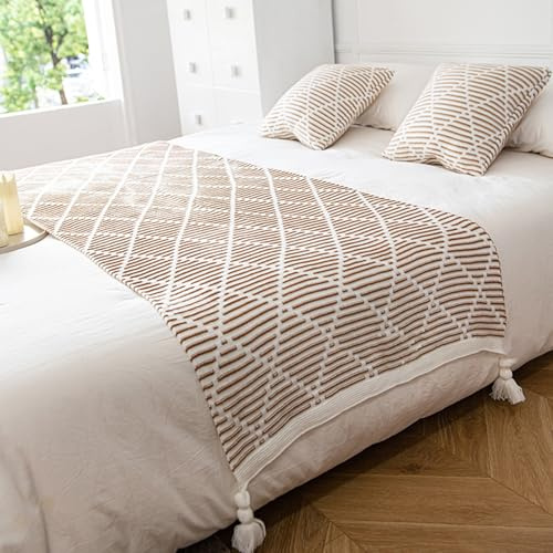 HLASMSPE Camino de cama de punto con borlas, bufanda, mantas suaves, colcha de moda, decoración de ropa de cama, toalla de protección para boda, hotel, dormitorio, marrón, 70 x 230 cm camino de cama