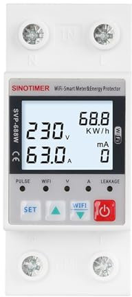 SINOTIMER WiFi Smart Energy Meter AC 63A 80-300V WiFi Smart Earth Leakage Over Under Voltage Protector Circuit Breaker Din Rail Electricity Energy Monitor APP Remote Control Smart Life 230V