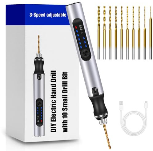 Handbohrer Elektrisch, Vankarr 3-Gang Bohrer Wiederaufladbare Bohrmaschine mit 10 Bohrer, für Modellbau, Holz, Harz Schmuckherstellung Kunststoff Leiterplatte Leder