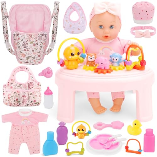 deAO Coffrets De Poupées avec 12 in Poupée, Porte-Bébé pour Poupées, Sac De Transport, Accessoires D’Alimentation Et Table À Manger Et Chaises, Set De Soins pour Poupée