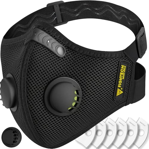 FIGHTECH Dust Mask – Reusable Face Mask with Carbon Filters & Air Valves for Woodworking, Construction & Moving (Black Single, X Large)