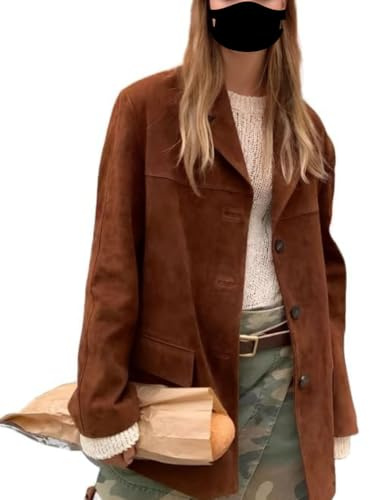 Leather Verse Chaqueta Blazer Clásica de Ante Marrón para Mujer - Abrigo Casual Oversized Estilo Urbano Abrigo de Ante 2XS - 4XL, marrón, XL