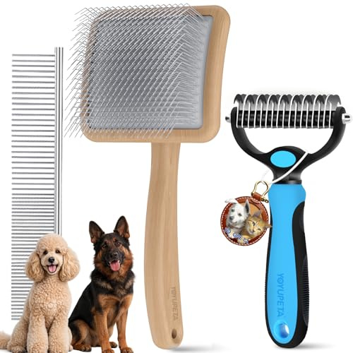 YOYUPETA Zupfbürste Hund Langhaar – 3-in-1 Set Buchenholz & 25mm Lange Borsten – Profi Unterwollbürste & Kamm für große Hunde mit Unterwolle (Golden Retriever, Schäferhund) – Fellwechsel – Oak