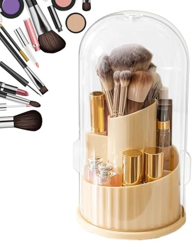 Duroecsain Porta-pennelli da trucco per tavolo da toeletta, contenitore per gioielli, girevole a 360°, antipolvere, con coperchio, per pennelli cosmetici e design facile da viaggio