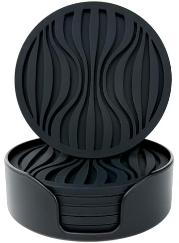 Silicone Coaster Set of 6 Pieces with Silicone Cup Holder,Drinking Coasters, Cup Mat for Drinks,Live for Hot or Cold Drink Thickened, Non-Slip, Non-Stick (black)