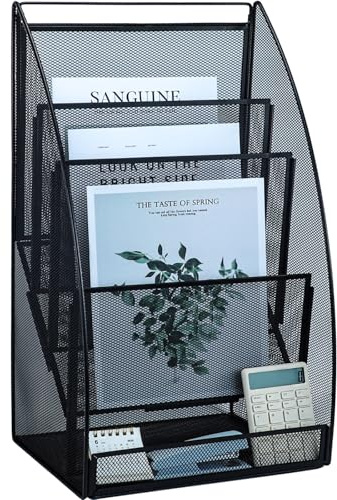 TSDRBWO Desktop File Organizer,Mesh Metal Magazine File Holder,4 Vertical Compartments Document Holder Office Folder Storage Rack for Desk Tidy,Paper Organiser Filing Rack,Black