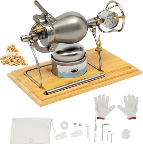 Vintage Hand Popcorn Machine, Chinese Vintage Traditional Grain Amplifier, 304 Stainless Steel Popcorn Maker with 360° Adjustable Brass Handle and Pressure Gauge for Family Gathering Party Fun