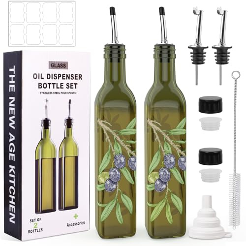 COOLMI Oil and Vinegar Dispenser Set - 17oz/500ML Premium Glass Olive Oil Dispenser Bottles for Kitchen, Oil Dispenser for Kitchen (Olive)