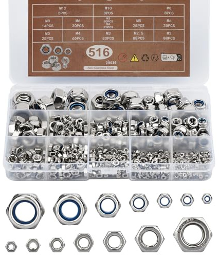Oujiang Wujin 516 Stück Edelstahl-Sicherungsmuttern, Nylon-Sicherungsmuttern, Gewindebuchsen-Sechskantmuttern, Edelstahl-Sechskant-Sicherungsmuttern für industrielle und bauliche Befestigungen
