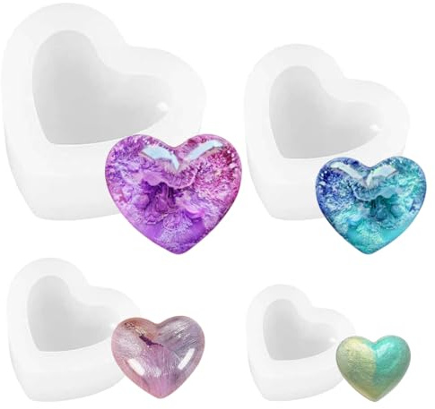 4 stampi in Silicone 3D a Forma di Cuore, 6,7 x 7,2 x 3,5 cm | 5,7 x 5,9 x 3,5 cm, 4 x 4,5 x 2,5 cm, 3 x 3,21,9 cm, facili da deformare fai da te per sapone, resina e lavori di bricolage