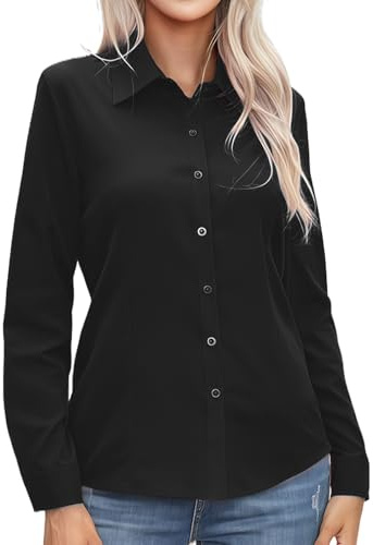 MUNSKT Camisa negra para mujer, camisa de vestir de manga larga, ajuste regular, blusa negra para mujer, para negocios, oficina, uso casual
