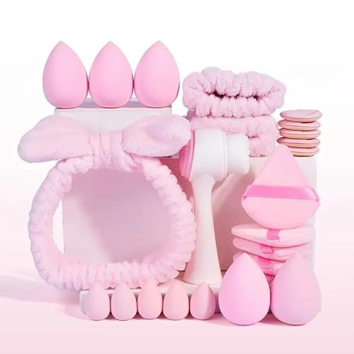 24pcs Spa Stirnband Make Up Schwamm Set Damen mit Haarband Kosmetik | Umfassendes Skincare Headband Handgelenk Waschband Set inklusive weichen Schwämmen & Gesichtsreinigungshürste für Beauty (Rosa)