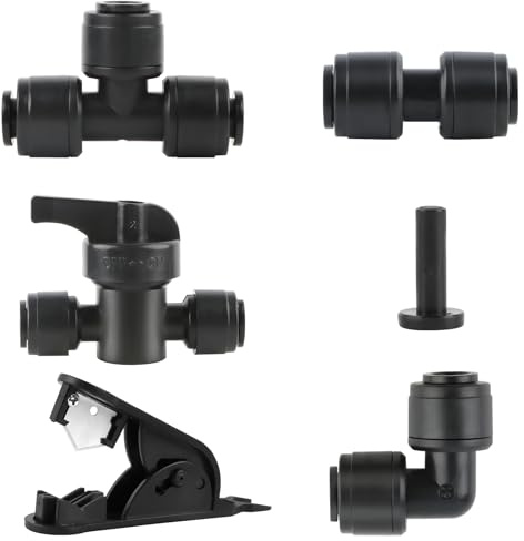 Kalolary 46PCS Quick Connect 1/4 Drip Irrigation Fittings Kit, Push-to-Fit Connectors Set with Elbows, Straights, Tees, End Plugs, Shut-Off Valves & Hose Cutter for 1/4 Inch Tubing