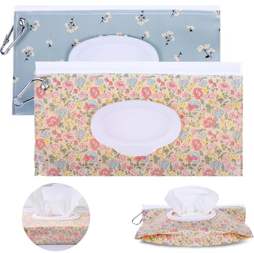 BAHME 2 Stück Tragbar Feuchttücher Tasche für Babys, Wiederverwendbare Feuchttücherbox unterwegs für Reisen und Transport, für Zuhause, Büro, Wasser- und Staubdicht, Rosa-graues Blumenmuster