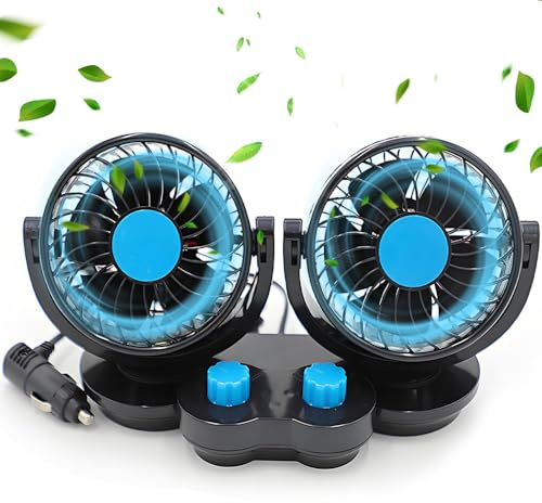 SKJJM Ventilateur Voiture 12V, 360° Rotatif Double Têtes Ventilateurde Circulation d'air Rotation, avec Allume-cigare, Ventilateurs de Refroidissement Silencieux, pour Voiture/Van/SUV/RV Bateau