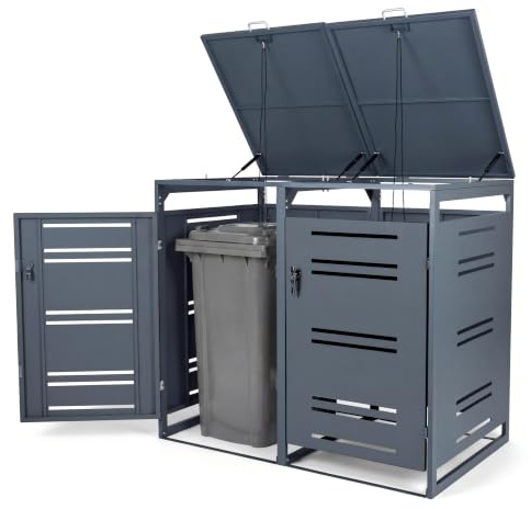GYMAX Cache Poubelle Extérieur en Métal, Abri Double pour 2 Poubelles de 240 L, Porte Verrouillable, Couvercle Ouvrable, 132 x 80 x 117 cm, pour Jardin, Pelouse, Terrasse (Gris)