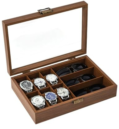 ROUREOX Custodia Display Conservazione Orologi Legno Coperchio Vetro Finitura Grana Marrone Organizer Orologi Multiple Slot Set per Rolex/OMEGA/Cartier - 32 * 22 * 8cm